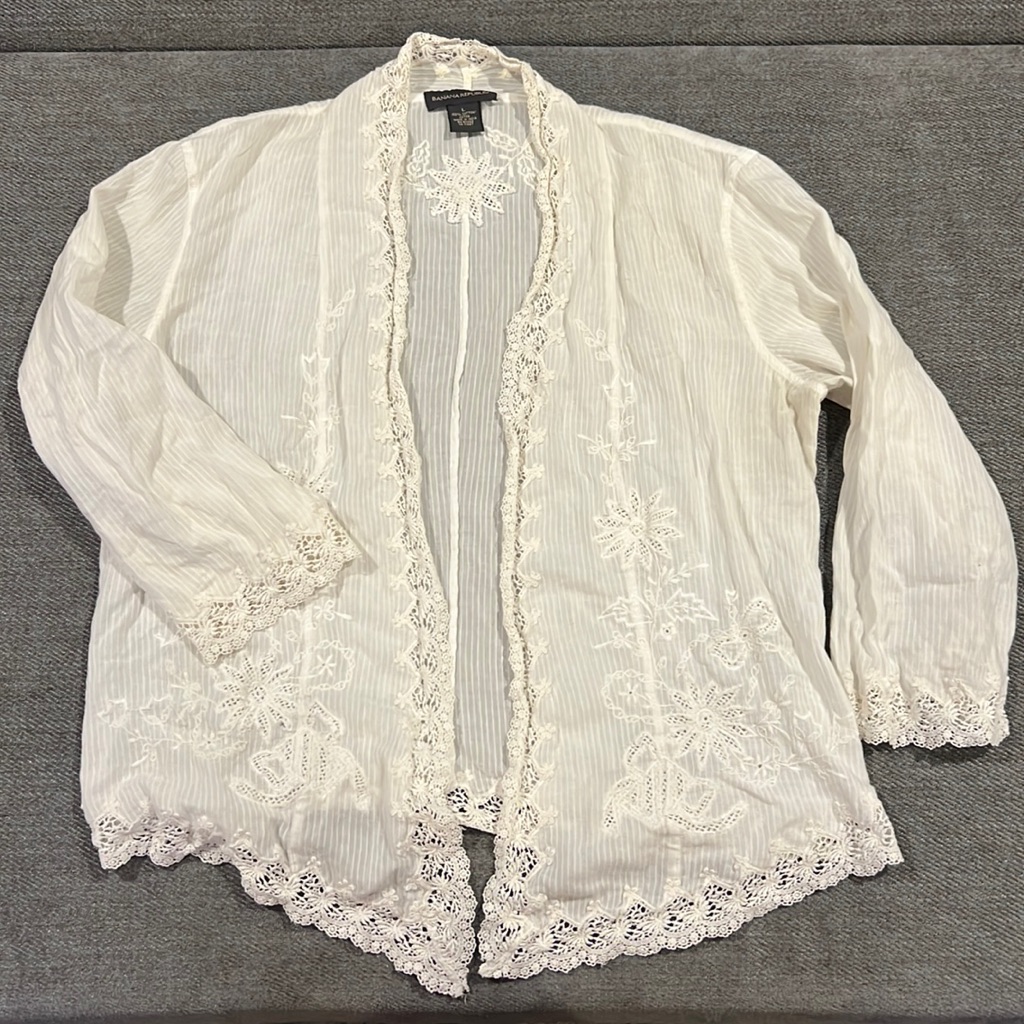 Banana Republic White Cardigan With Crochet Trim Large